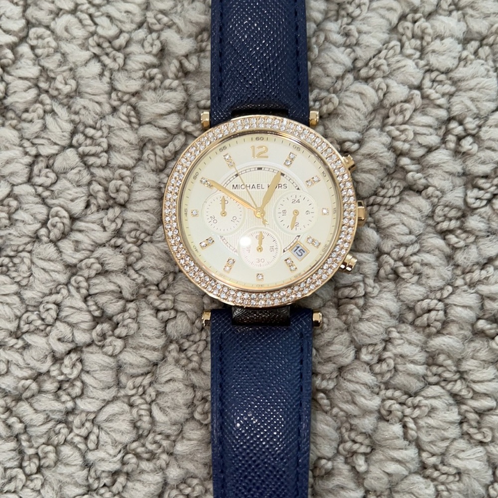Michael Kors navy blue and gold watch genuine leather